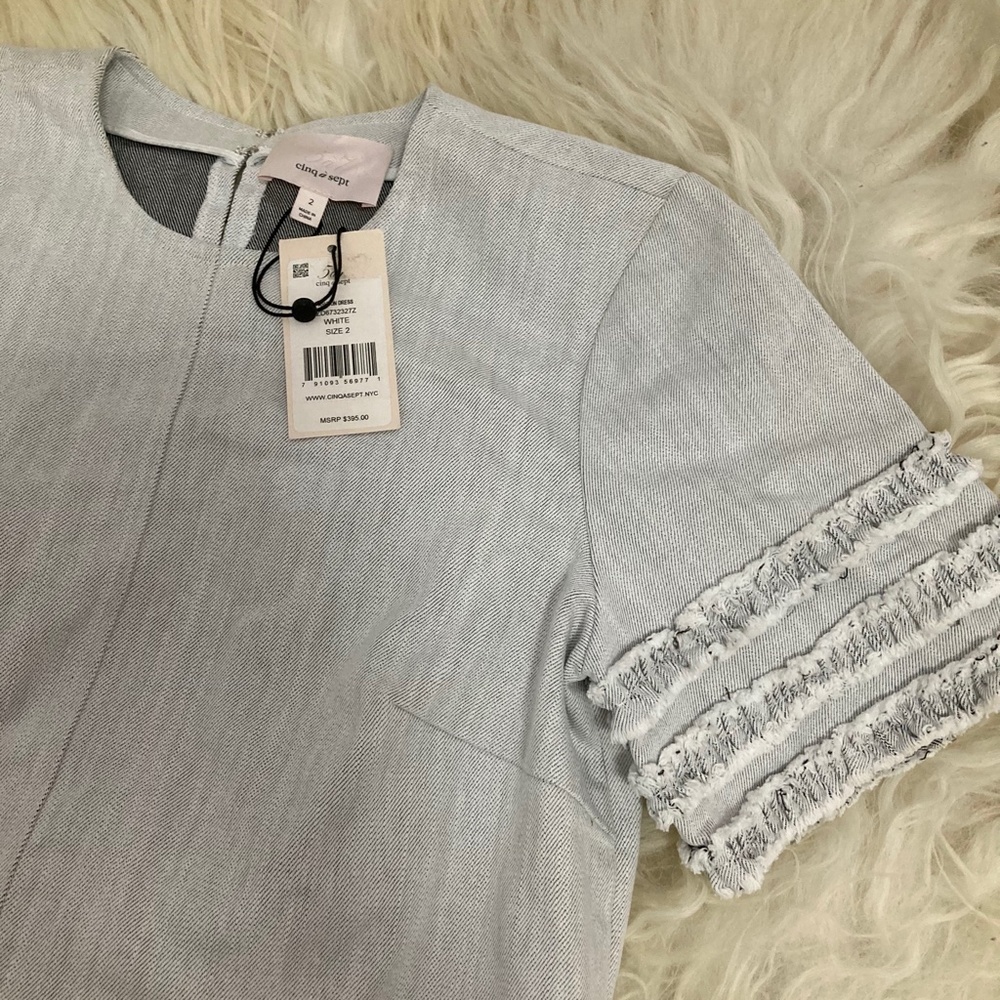 CINQ A SEPT Ashton Crewneck Short-Sleeve Cotton Shift Dress w/ Frayed Trim - Picture 8 of 12